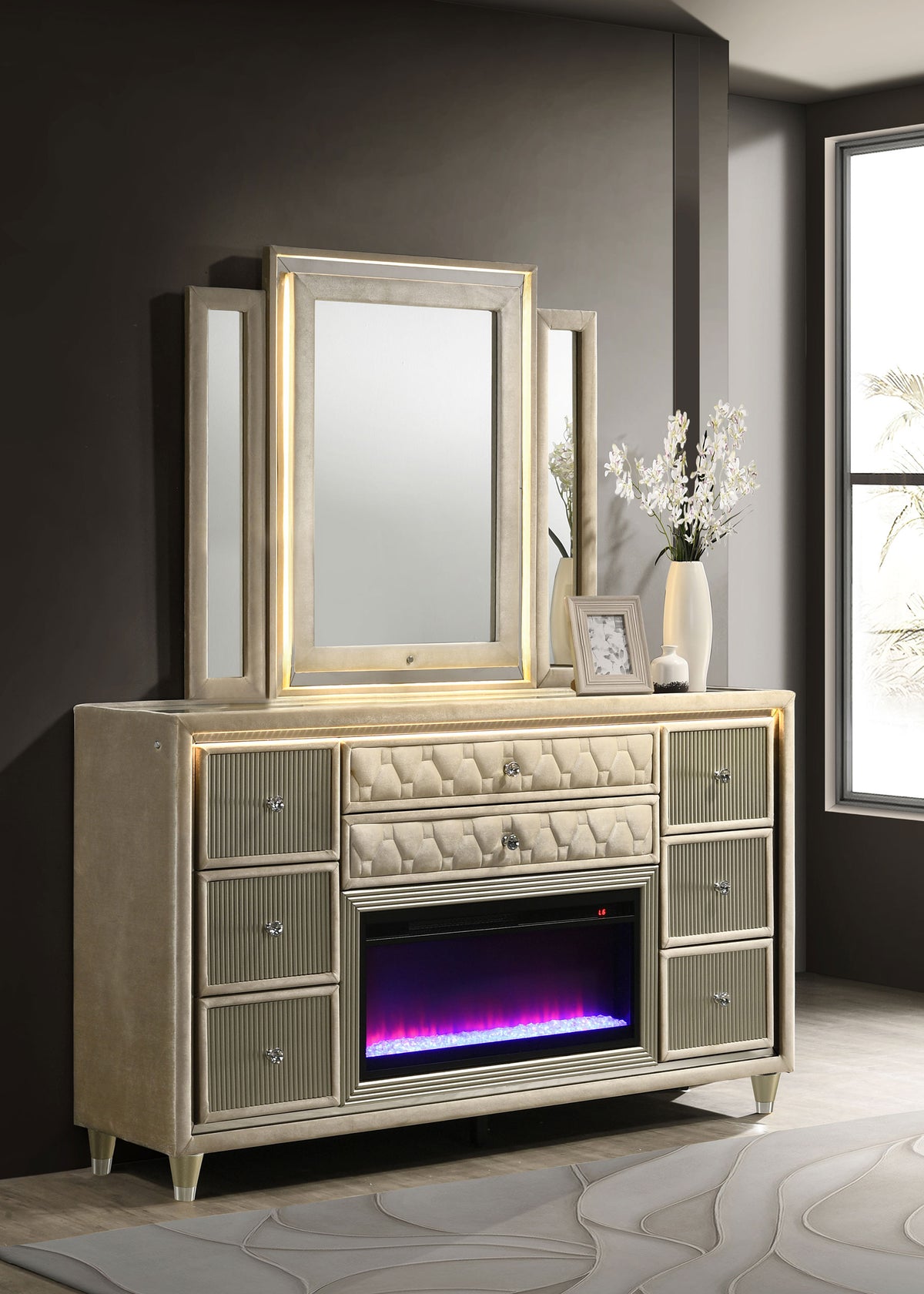 Lorient LED Velvet Wingback Bedroom Collection - Tufted Glam Bed, Dressers & Sets in Ivory and Camel - lifestyle