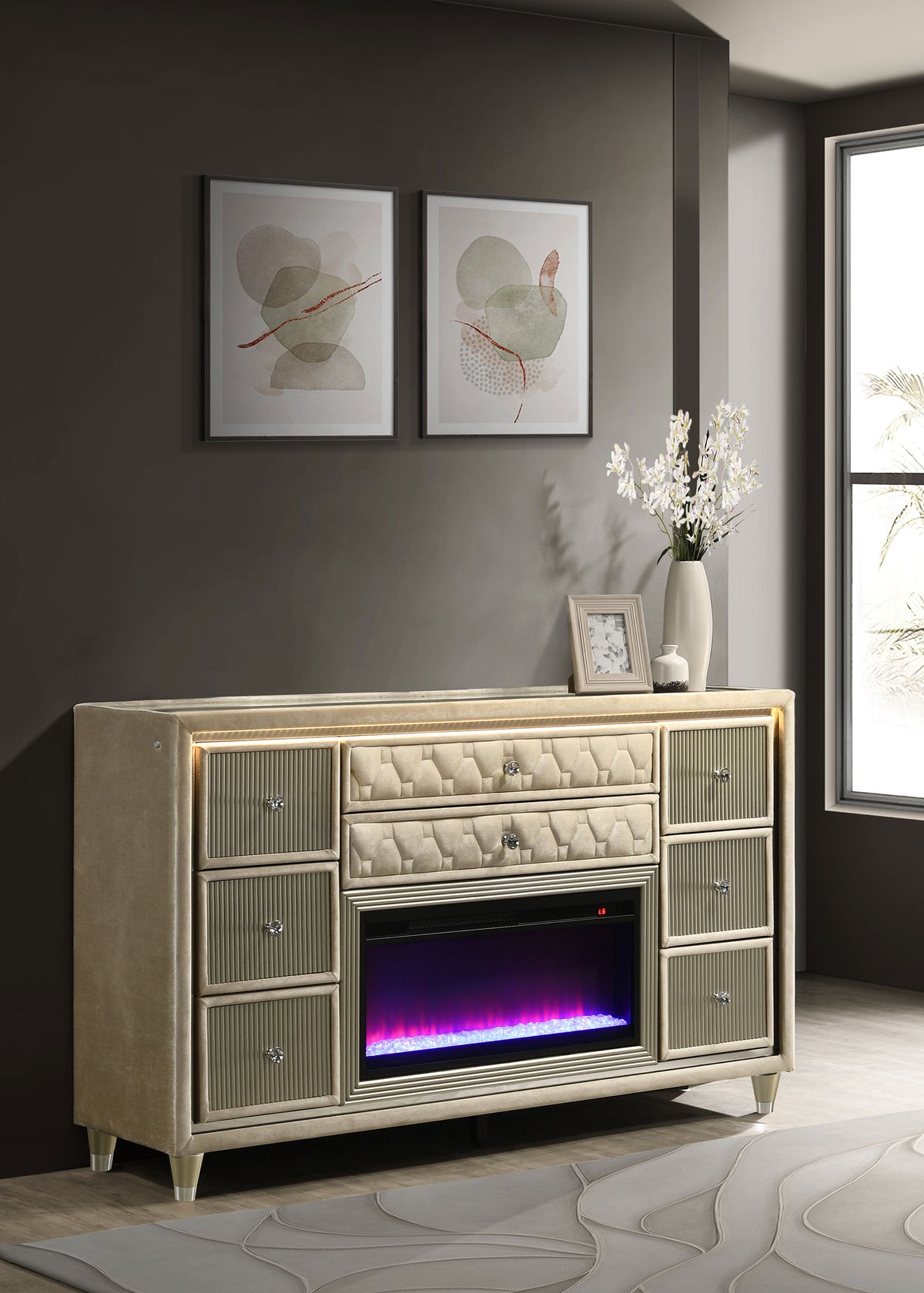 Lorient LED Velvet Wingback Bedroom Collection - Tufted Glam Bed, Dressers & Sets in Ivory and Camel - lifestyle
