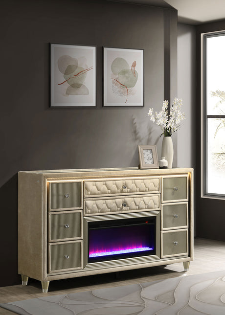 Lorient LED Velvet Wingback Bedroom Collection - Tufted Glam Bed, Dressers & Sets in Ivory and Camel - lifestyle