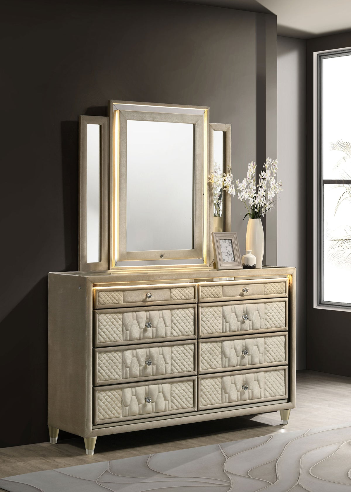 Lorient LED Velvet Wingback Bedroom Collection - Tufted Glam Bed, Dressers & Sets in Ivory and Camel - lifestyle