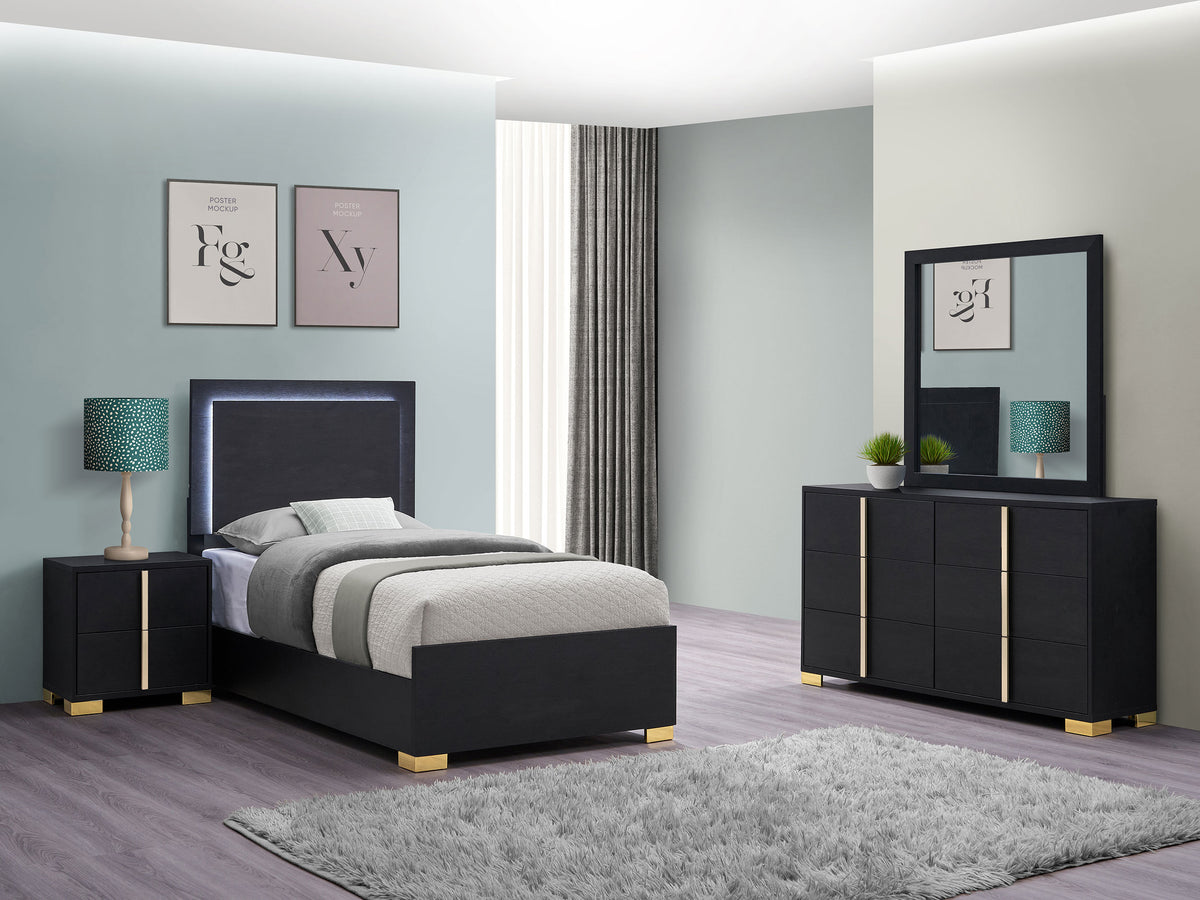 Marceline LED Panel Bed & Bedroom Sets - 4pcs- Twin Bed + Nightstand + Dresser + Mirror