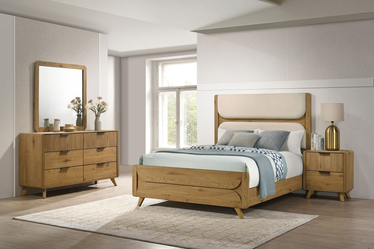 Bennett Upholstered Panel Bed & Bedroom Sets - 4pcs- Eastern King Bed + Nightstand + Dresser + Mirror