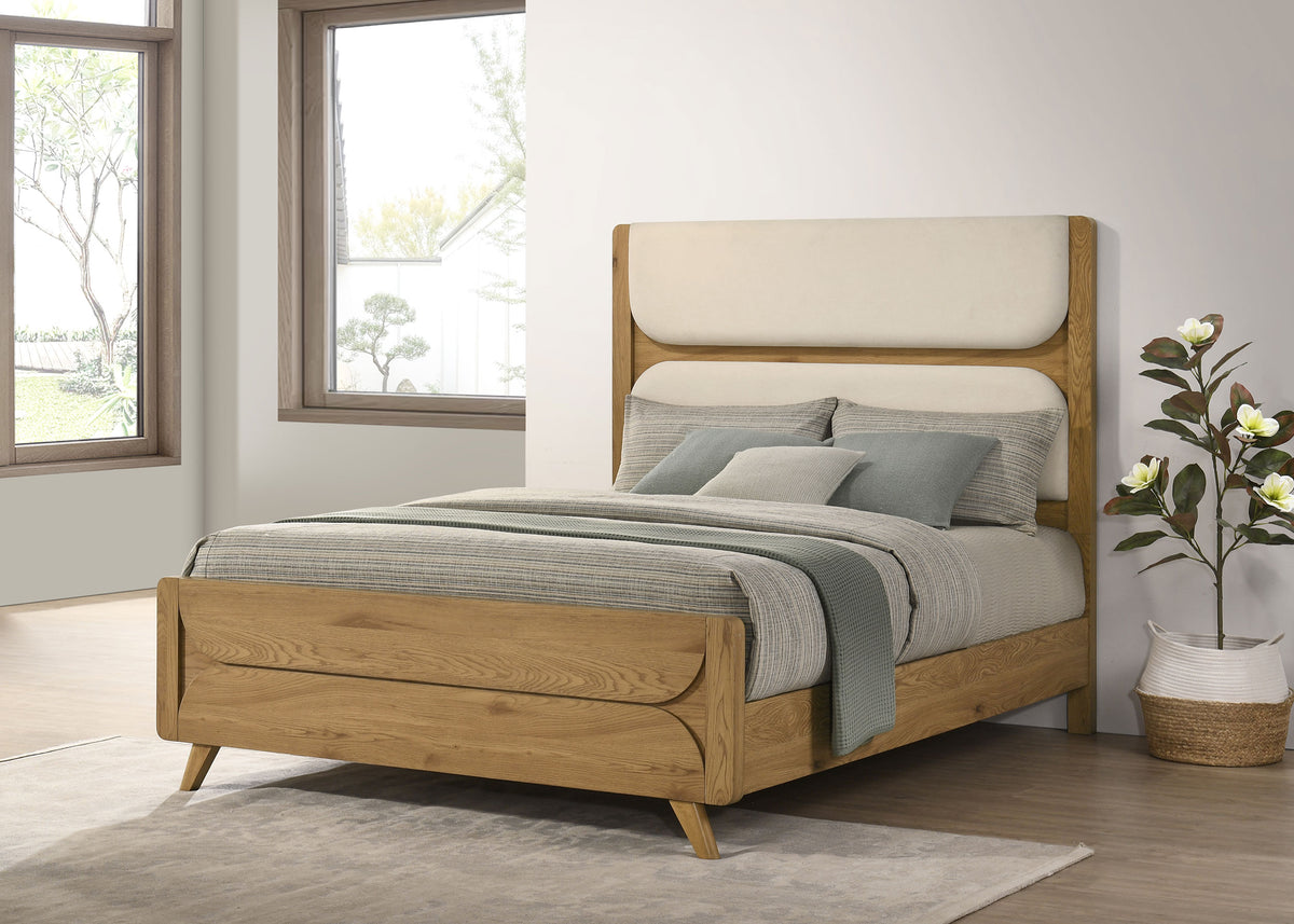 Bennett Upholstered Panel Bed & Bedroom Sets - Mid-Century Light Oak with Cream Headboard & Reeded Drawers – view 1