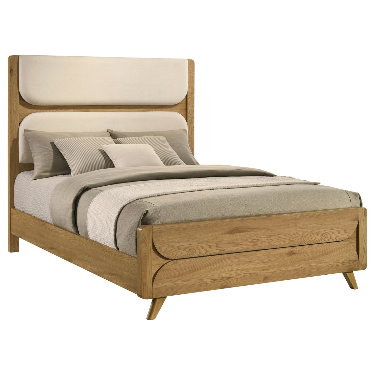 Bennett Upholstered Panel Bed & Bedroom Sets - Mid-Century Light Oak with Cream Headboard & Reeded Drawers
