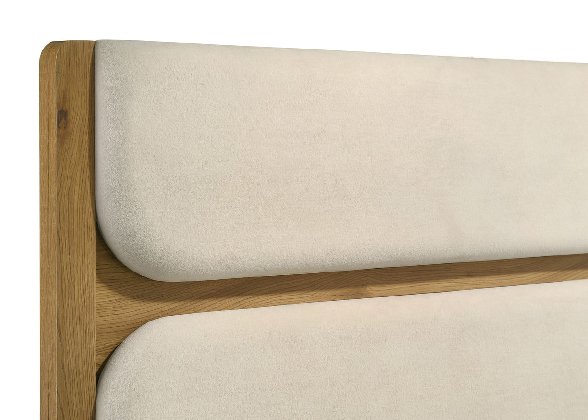 Bennett Upholstered Panel Bed & Bedroom Sets - Mid-Century Light Oak with Cream Headboard & Reeded Drawers