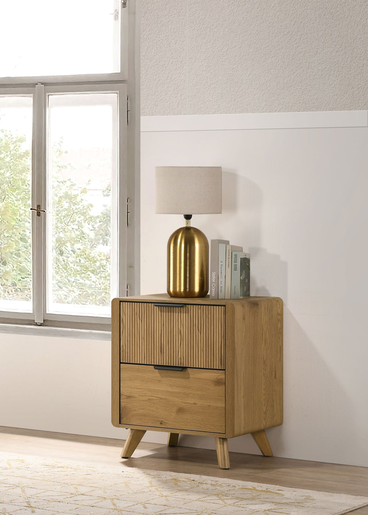 Bennett Upholstered Panel Bed & Bedroom Sets - Mid-Century Light Oak with Cream Headboard & Reeded Drawers - lifestyle