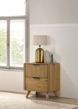 Bennett Upholstered Panel Bed & Bedroom Sets - Mid-Century Light Oak with Cream Headboard & Reeded Drawers - lifestyle