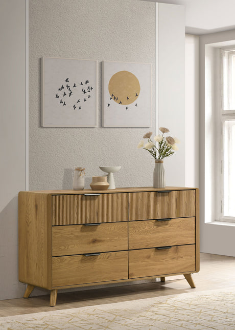 Bennett Upholstered Panel Bed & Bedroom Sets - Mid-Century Light Oak with Cream Headboard & Reeded Drawers - lifestyle