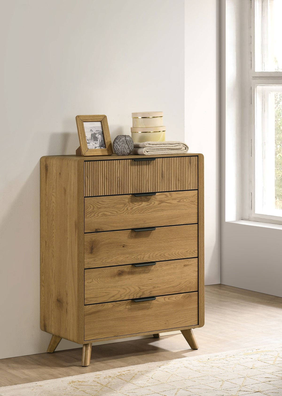 Bennett Upholstered Panel Bed & Bedroom Sets - Mid-Century Light Oak with Cream Headboard & Reeded Drawers - lifestyle