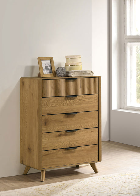 Bennett Upholstered Panel Bed & Bedroom Sets - Mid-Century Light Oak with Cream Headboard & Reeded Drawers - lifestyle