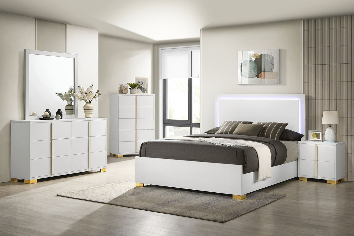 Marceline LED Panel Bed & Bedroom Sets - 5pcs- Full Bed + Nightstand + Dresser + Mirror + Chest