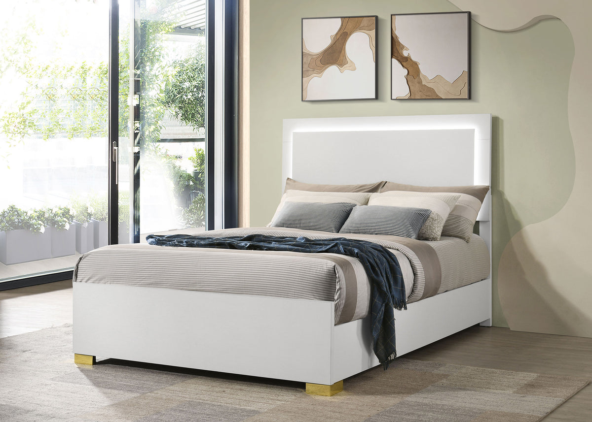 Marceline LED Panel Bed & Bedroom Sets - Contemporary White with Gold Accents, Twin to Eastern King - lifestyle