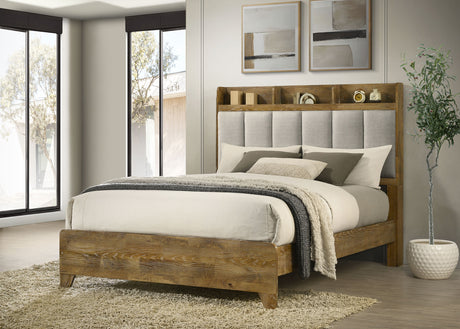 Henderson Bookcase Panel Bed & Bedroom Sets - Rustic Medium Oak with Grey Upholstered Headboard & Faux Marble Tops – view 1