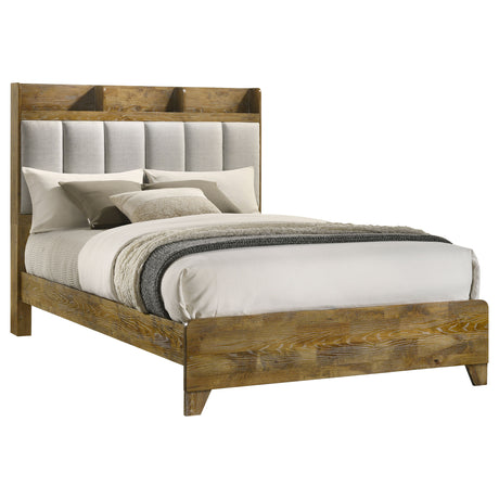 Henderson Bookcase Panel Bed & Bedroom Sets - Rustic Medium Oak with Grey Upholstered Headboard & Faux Marble Tops – view 17