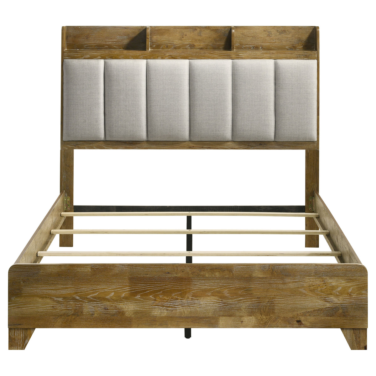 Henderson Bookcase Panel Bed & Bedroom Sets - Rustic Medium Oak with Grey Upholstered Headboard & Faux Marble Tops – view 18