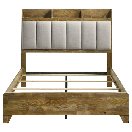 Henderson Bookcase Panel Bed & Bedroom Sets - Rustic Medium Oak with Grey Upholstered Headboard & Faux Marble Tops – view 18