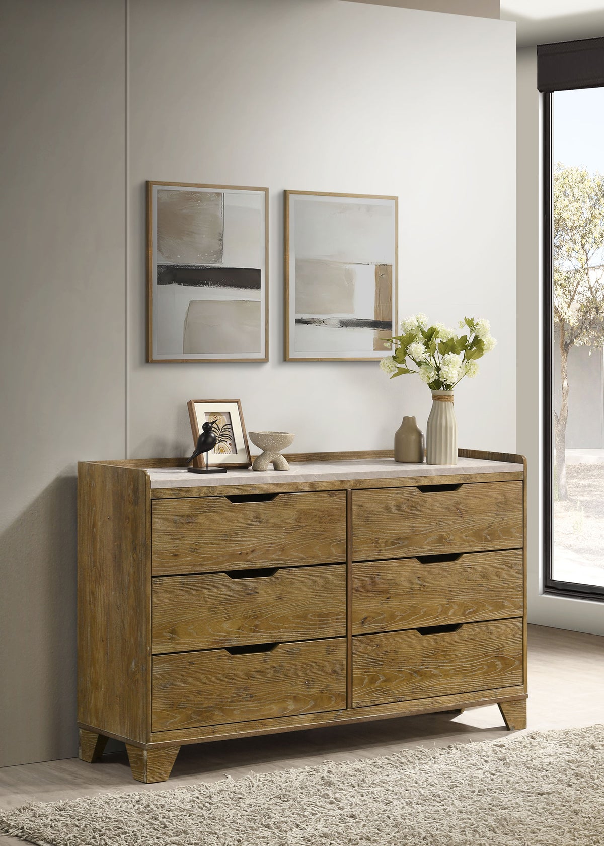 Henderson Bookcase Panel Bed & Bedroom Sets - Rustic Medium Oak with Grey Upholstered Headboard & Faux Marble Tops - lifestyle