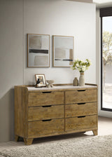 Henderson Bookcase Panel Bed & Bedroom Sets - Rustic Medium Oak with Grey Upholstered Headboard & Faux Marble Tops - lifestyle