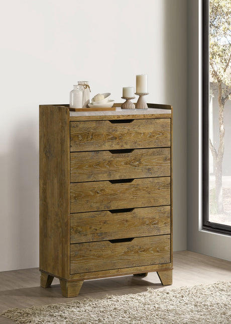 Henderson Bookcase Panel Bed & Bedroom Sets - Rustic Medium Oak with Grey Upholstered Headboard & Faux Marble Tops - lifestyle