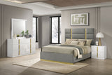 Ines Upholstered Panel Bed & Bedroom Sets - 4pcs- Grey Eastern King Panel Bed + Nightstand + Dresser + Mirror
