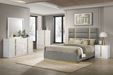 Ines Upholstered Panel Bed & Bedroom Sets - 5pcs- Grey Eastern King Panel Bed + Nightstand + Dresser + Mirror + Chest