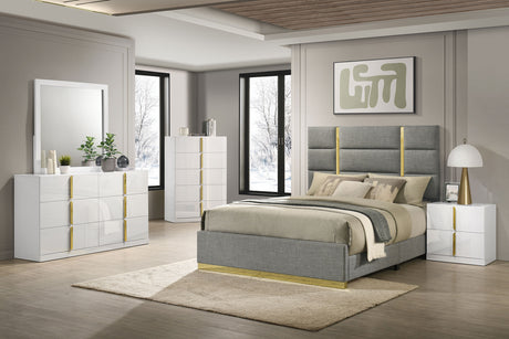 Ines Upholstered Panel Bed & Bedroom Sets - 5pcs- Grey Eastern King Panel Bed + Nightstand + Dresser + Mirror + Chest