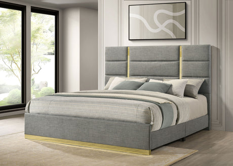 Ines Upholstered Panel Bed & Bedroom Sets - Gold-Accent Grey or Navy Bed with White High Gloss Storage - lifestyle