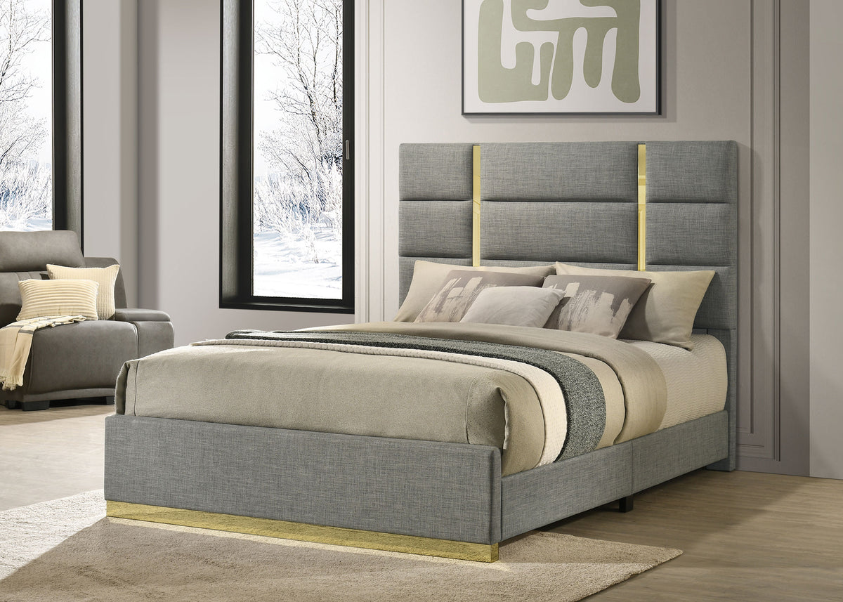 Ines Upholstered Panel Bed & Bedroom Sets - Gold-Accent Grey or Navy Bed with White High Gloss Storage – view 1