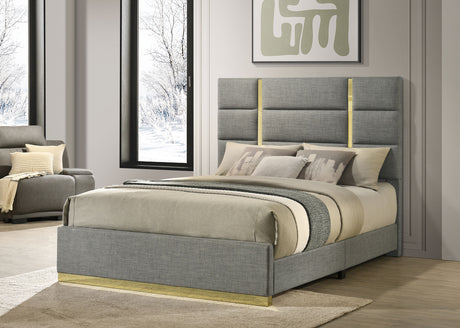 Ines Upholstered Panel Bed & Bedroom Sets - Gold-Accent Grey or Navy Bed with White High Gloss Storage – view 1