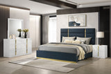 Ines Upholstered Panel Bed & Bedroom Sets - 4pcs- Navy Eastern King Panel Bed + Nightstand + Dresser + Mirror