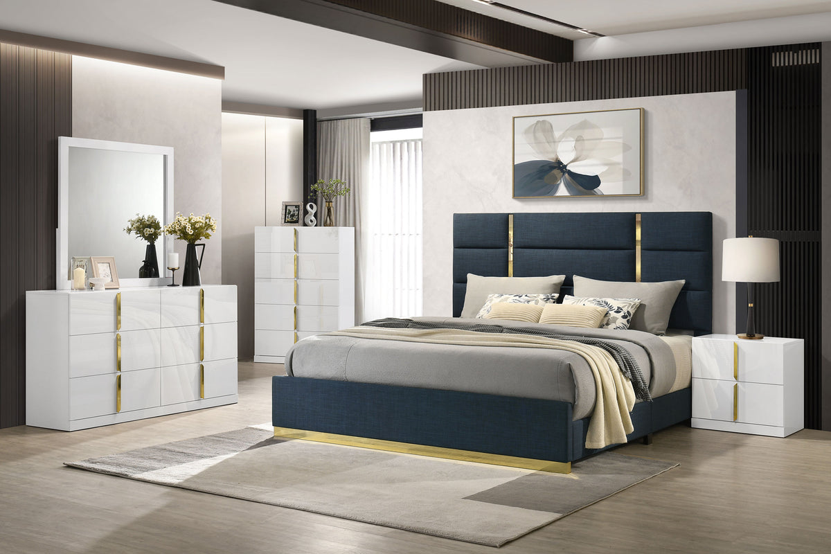 Ines Upholstered Panel Bed & Bedroom Sets - 5pcs- Navy Eastern King Panel Bed + Nightstand + Dresser + Mirror + Chest