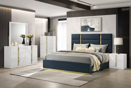 Ines Upholstered Panel Bed & Bedroom Sets - 5pcs- Navy Eastern King Panel Bed + Nightstand + Dresser + Mirror + Chest