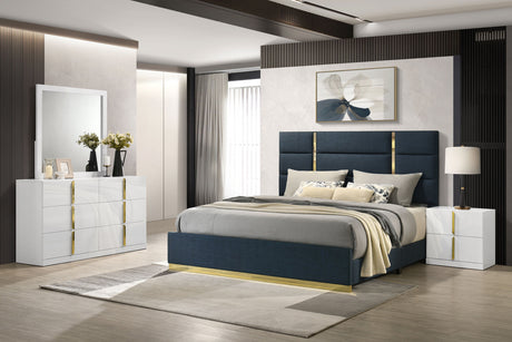 Ines Upholstered Panel Bed & Bedroom Sets - 4pcs- Navy Queen Panel Bed + Nightstand + Dresser + Mirror