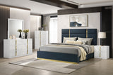 Ines Upholstered Panel Bed & Bedroom Sets - 5pcs- Navy Queen Panel Bed + Nightstand + Dresser + Mirror + Chest