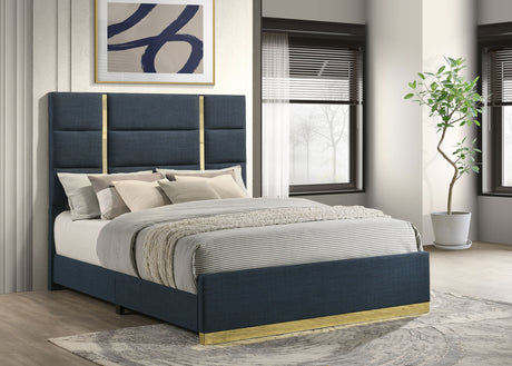 Ines Upholstered Panel Bed & Bedroom Sets - Gold-Accent Grey or Navy Bed with White High Gloss Storage - lifestyle