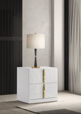 Ines Upholstered Panel Bed & Bedroom Sets - Gold-Accent Grey or Navy Bed with White High Gloss Storage - lifestyle