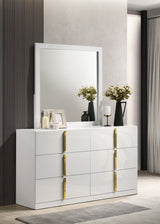 Ines Upholstered Panel Bed & Bedroom Sets - Gold-Accent Grey or Navy Bed with White High Gloss Storage - lifestyle