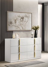 Ines Upholstered Panel Bed & Bedroom Sets - Gold-Accent Grey or Navy Bed with White High Gloss Storage - lifestyle