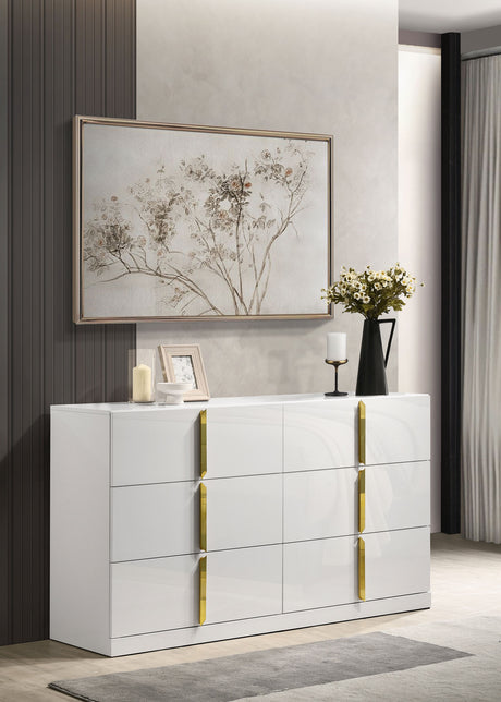Ines Upholstered Panel Bed & Bedroom Sets - Gold-Accent Grey or Navy Bed with White High Gloss Storage - lifestyle