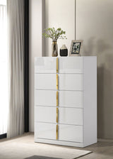 Ines Upholstered Panel Bed & Bedroom Sets - Gold-Accent Grey or Navy Bed with White High Gloss Storage - lifestyle