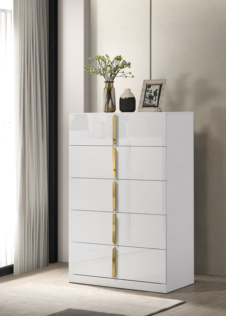 Ines Upholstered Panel Bed & Bedroom Sets - Gold-Accent Grey or Navy Bed with White High Gloss Storage - lifestyle