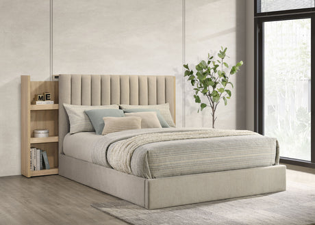 Arielle Bookcase Storage Bed & Bedroom Sets - Channel-Tufted Headboard with Sliding Shelves in Light Oak – view 1