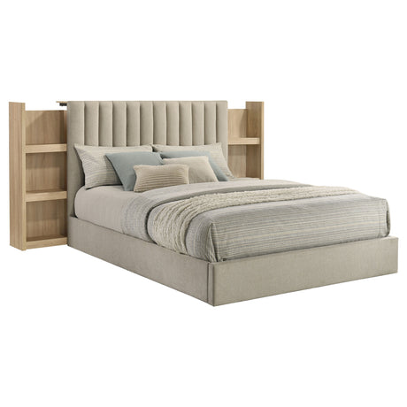 Arielle Bookcase Storage Bed & Bedroom Sets - Channel-Tufted Headboard with Sliding Shelves in Light Oak – view 17