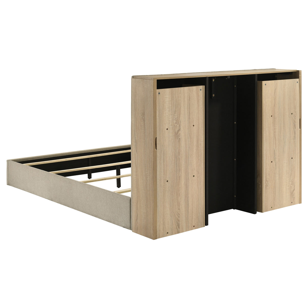 Arielle Bookcase Storage Bed & Bedroom Sets - Channel-Tufted Headboard with Sliding Shelves in Light Oak