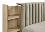 Arielle Bookcase Storage Bed & Bedroom Sets - Channel-Tufted Headboard with Sliding Shelves in Light Oak