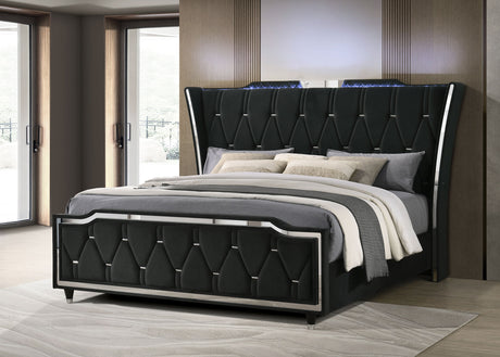 Lorient LED Wingback Bed & Bedroom Sets - Tufted Black Velvet Glam with Crystal Knobs, Queen to California King - lifestyle