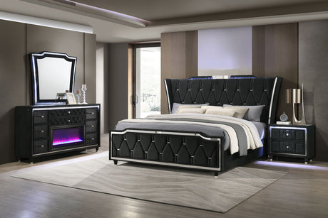 Lorient LED Wingback Bed & Bedroom Sets - 4pcs- California King Bed + Nightstand + Flame Box Dresser + Mirror
