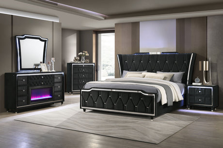 Lorient LED Wingback Bed & Bedroom Sets - 5pcs- California King Bed + Nightstand + Flame Box Dresser + Mirror + Chest