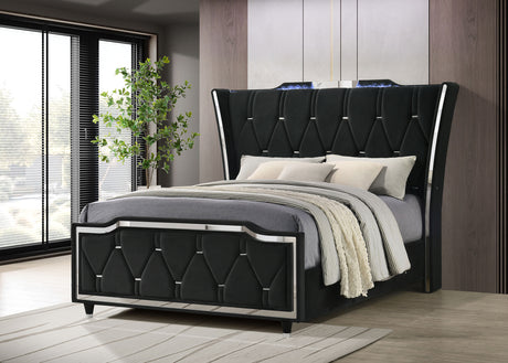 Lorient LED Wingback Bed & Bedroom Sets - Tufted Black Velvet Glam with Crystal Knobs, Queen to California King - lifestyle