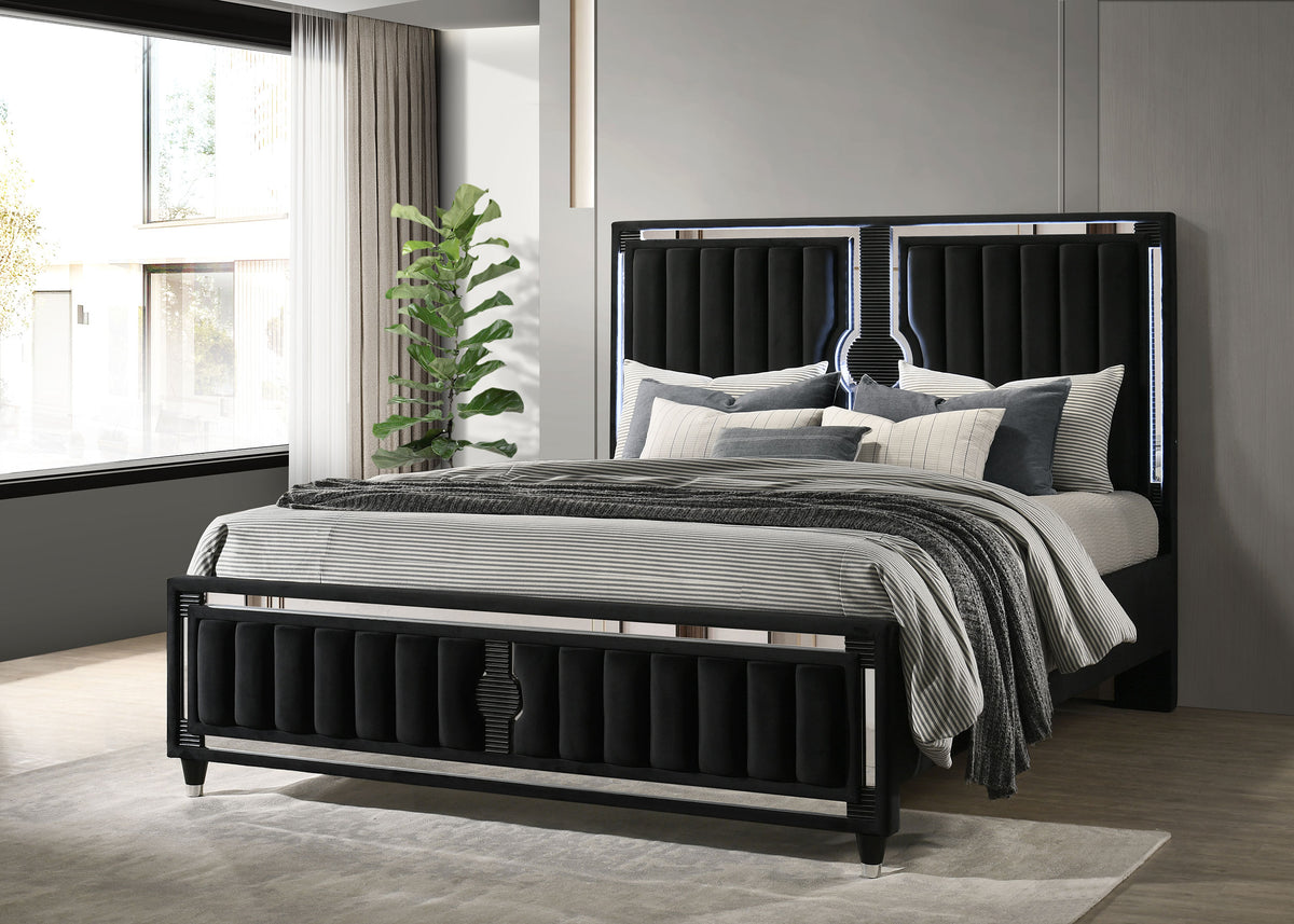 Ravenne LED Panel Bed & Bedroom Sets - Black Velvet Channel Upholstery with Blue Touch Lighting & Acrylic Trim - lifestyle